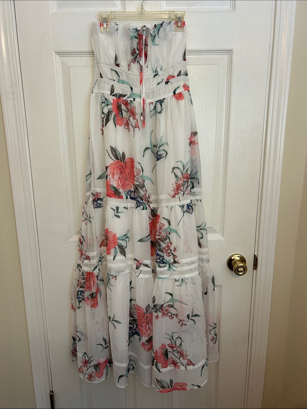 Anthropologie White Maxi Dress with Coral & Green Floral